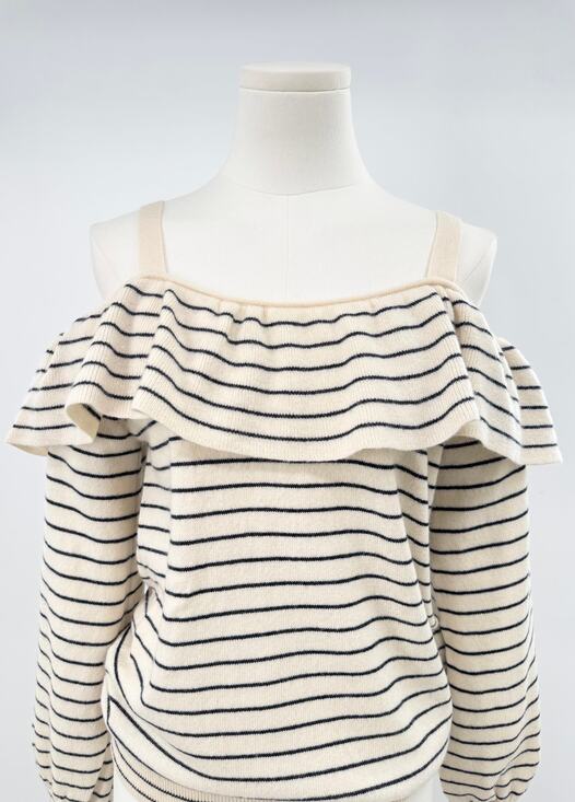 Joie Sweaters - Joie Cream Navy Stripe Wool Cashmere Sweater Cold Shoulder Ruffle Knit S